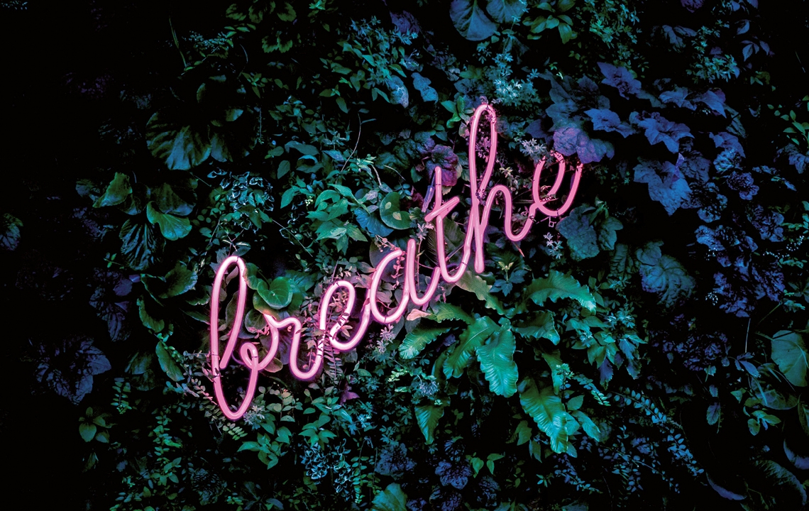 Schriftzug "breathe" in pinker Leuchtschrift umgeben von Pflanzen
