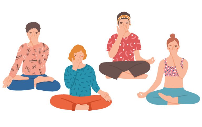 Illustration: Vier Personen im Schneidersitz beim Yoga