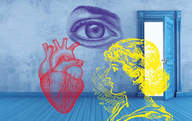 Illustration: Ein Herz, ein Auge und eine Büste in einem Zimmer, dessen Türe offen steht