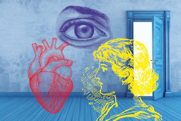 Illustration: Ein Herz, ein Auge und eine Büste in einem Zimmer, dessen Türe offen steht. Link führt zur Leseprobe Den Körper spüren lernen
