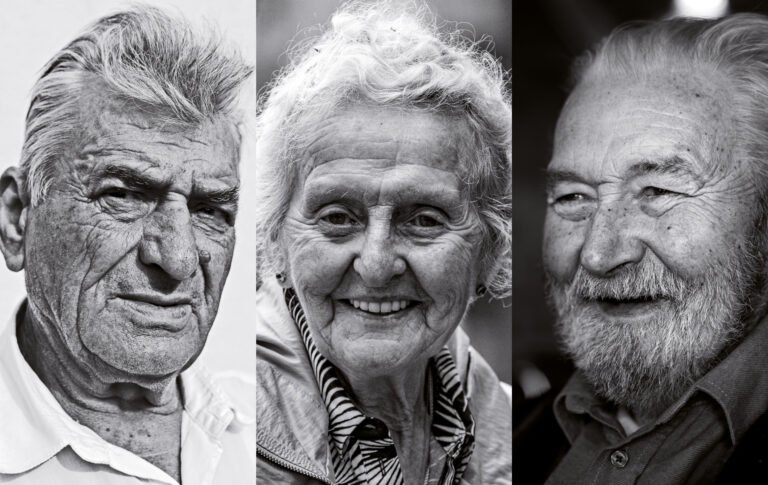 Drei Porträtaufnahmen lächelnder älterer Menschen.