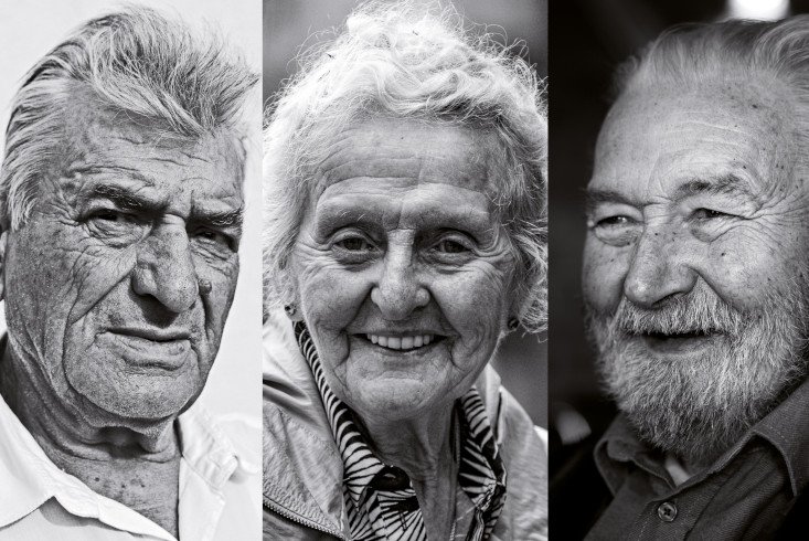 Drei Porträtaufnahmen lächelnder älterer Menschen. Link führt zur Leseprobe Meditation gegen Demenz