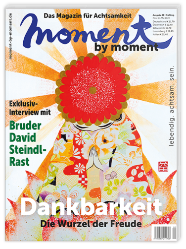 Cover der moment by moment Frühlings-Ausgabe 01/2023: Dankbarkeit. Die Wurzel der Freude