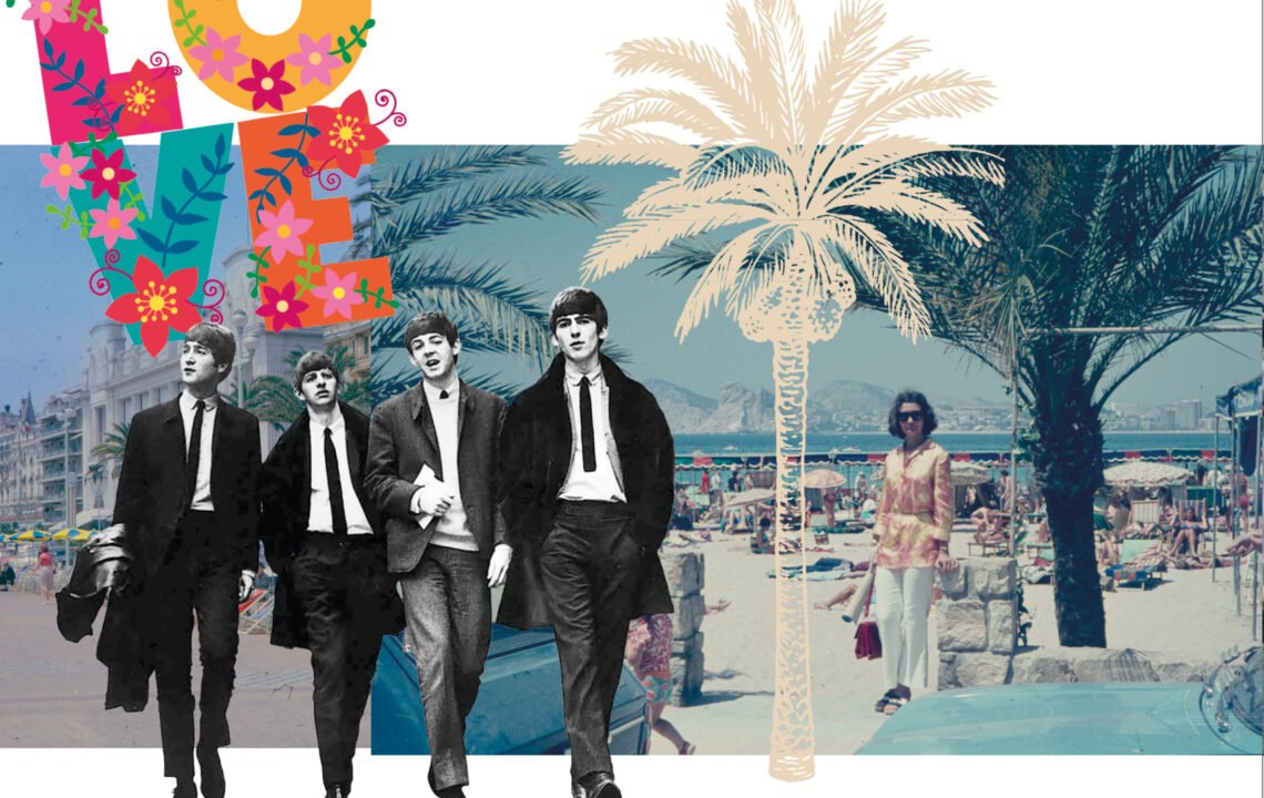 Eine Collage aus einem alten Urlaubsfoto, einem "Love"-Schriftzug und einem Foto der Beatles